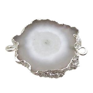 white Solar Quartz Druzy slab connector, freeform, silver plated, approx 20-25mm [GM13135]