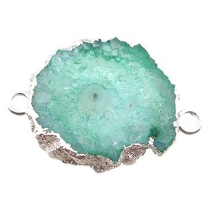 green Solar Quartz Druzy slab connector, freeform, silver plated, approx 20-25mm [GM13139]