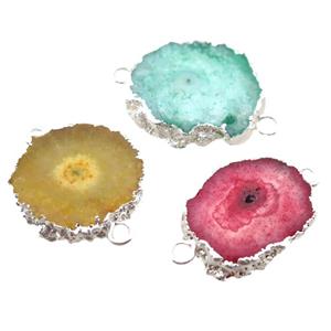 mixed Solar Quartz Druzy slice connector, freeform, silver plated, approx 20-25mm [GM13142]