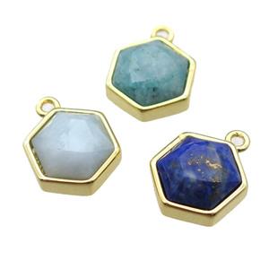 mixed gemstone hexagon pendant, gold plated, approx 12mm dia [GM13152]