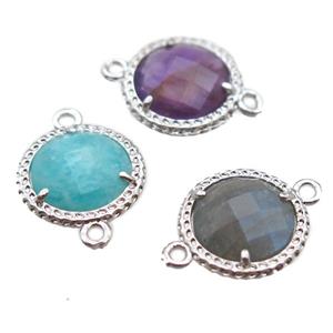 mixed gemstone circle connector, platinum plated, approx 13mm dia [GM13172]
