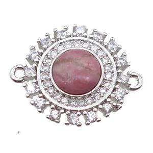 Rhodonite circle connector pave zircon, platinum plated, approx 15mm dia [GM13182]