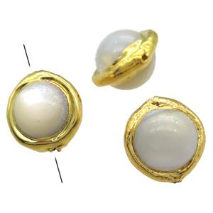 Mother of Pearl beads, round, gold plated, approx 15mm dia [GM13236]