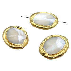 Mother of Pearl beads, oval, gold plated, approx 18-25mm [GM13239]