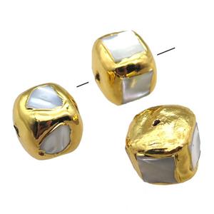 Mother of Pearl beads, cube, gold plated, approx 18x18mm [GM13248]