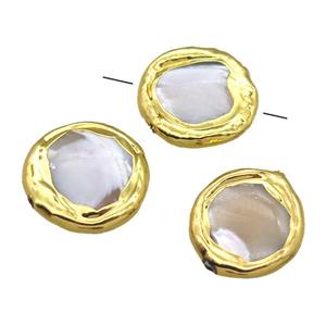 Mother of Pearl beads, circle, gold plated, approx 18mm dia [GM13255]