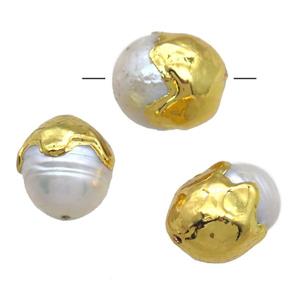 natural pearl beads, round, gold plated, approx 12-16mm [GM13270]
