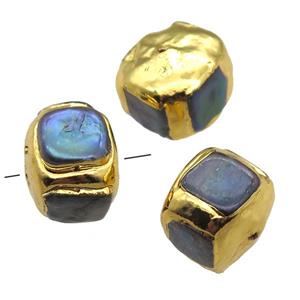 natural pearl beads, cube, gold plated, approx 18-20mm [GM13308]