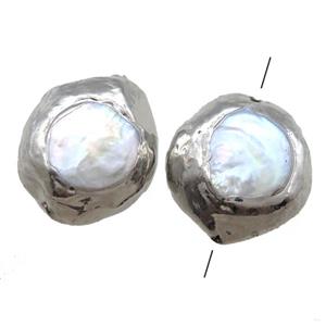 natural pearl beads, button, silver plated, approx 25mm [GM13313]