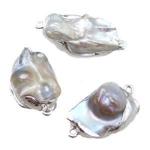 natural pearl connector, freeform, silver plated, approx 20-35mm [GM13316]