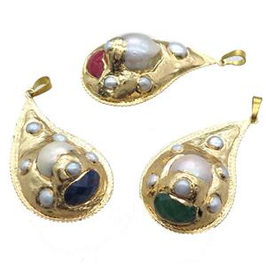 natural pearl pendant, teardrop, gold plated, approx 30-50mm [GM13322]