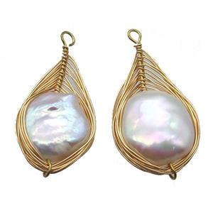 copper pendant with pearl, gold plated, wire wrapped, approx 16-30mm [GM13349]