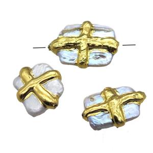 natural pearl beads, slab, gold plated, approx 16-22mm [GM13361]