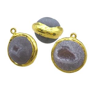 round gray Agate Druzy pendant, geode, gold plated, approx 18mm dia [GM13494]