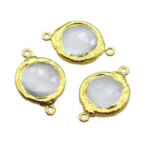 white crystal glass circle connector, gold plated, approx 20mm dia [GM13497]