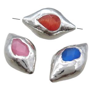 Cats eye stone barrel beads, mixed, silver plated, approx 20-30mm [GM13520]