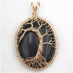 Black Onyx Oval Pendant Tree Of Life Wire Wrapped Rose Gold, approx 30x40mm [GM13587]