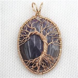 Purple Amethyst Oval Pendant Tree Of Life Wire Wrapped Rose Gold, approx 30x40mm [GM13588]