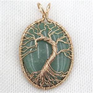 Green Aventurine Oval Pendant Tree Of Life Wire Wrapped Rose Gold, approx 30x40mm [GM13589]