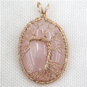 Rose Quartz Oval Pendant Tree Of Life Wire Wrapped Rose Gold, approx 30x40mm [GM13590]
