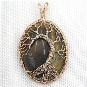 Tiger Eye Stone Oval Pendant Tree Of Life Wire Wrapped Rose Gold, approx 30x40mm [GM13591]