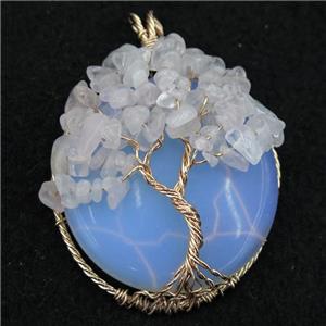 White Opalite Coin Pendant With Clear Quartz Chips Tree Of Life Wire Wrapped Rose Gold, approx 40mm dia [GM13594]