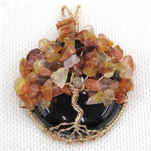 Black Onyx Coin Pendant With Carnelian Chips Tree Of Life Wire Wrapped Rose Gold, approx 40mm dia [GM13595]
