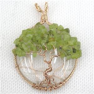 Clear Crystal Glass Coin Pendant With Peridot Chips Tree Of Life Wire Wrapped Rose Gold, approx 40mm dia [GM13596]