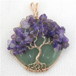 Green Aventurine Coin Pendant With Amethyst Chips Tree Of Life Wire Wrapped Rose Gold, approx 40mm dia [GM13598]