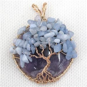 Amethyst Coin Pendant With Aquamarine Chips Tree Of Life Wire Wrapped Rose Gold, approx 40mm dia [GM13599]
