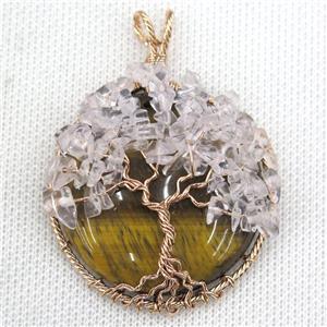 Tiger Eye Stone Coin Pendant With Rose Quartz Chips Tree Of Life Wire Wrapped Rose Gold, approx 40mm dia [GM13600]