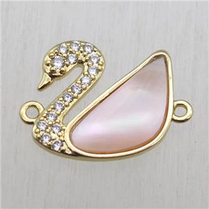 copper Swan connector paved zircon with white queen shell, gold plated, approx 16-17mm [GM13640]