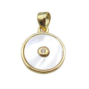white pearlized Shell circle pendant, gold plated, approx 10mm dia [GM13648]