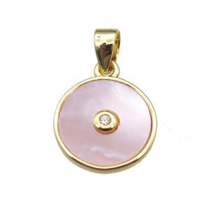 pink Queen Shell circle pendant, gold plated, approx 10mm dia [GM13649]