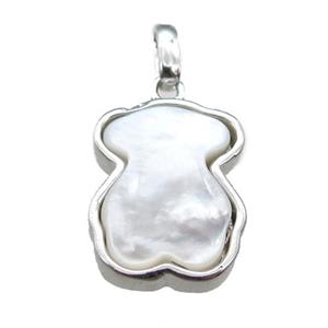 white pearlized Shell bear pendant, platinum plated, approx 12-16mm [GM13658]
