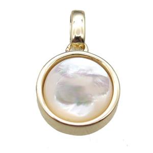 white pearlized Shell circle pendant, gold plated, approx 12mm dia [GM13670]