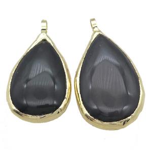 black Agate teardrop pendant, gold plated, approx 30-55mm [GM13799]
