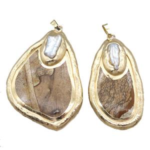 Picture Jasper pendant, freeform, gold plated, approx 30-60mm [GM13806]