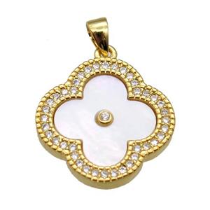 white pearlized shell clover pendant with copper pave zircon, gold plated, approx 18mm dia [GM13904]