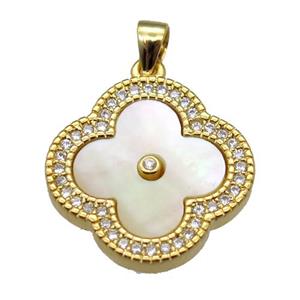 yellow pearlized shell clover pendant with copper pave zircon, gold plated, approx 18mm dia [GM13905]