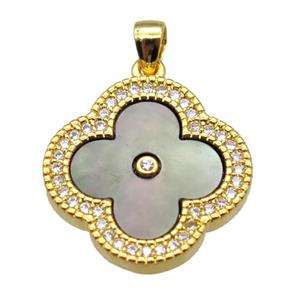 Abalone shell clover pendant with copper pave zircon, gold plated, approx 18mm dia [GM13906]