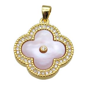 pink Queen Shell clover pendant with copper pave zircon, gold plated, approx 18mm dia [GM13907]