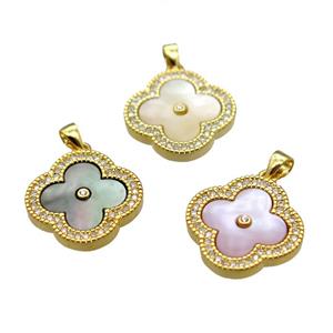 mixed shell clover pendant with copper pave zircon, gold plated, approx 18mm dia [GM13908]