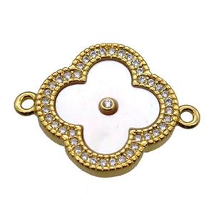 white pearlized shell clover connector with copper pave zircon, gold plated, approx 18mm dia [GM13909]