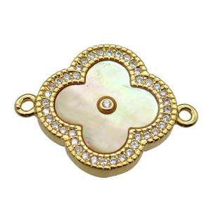 yellow pearlized shell clover connector with copper pave zircon, gold plated, approx 18mm dia [GM13910]