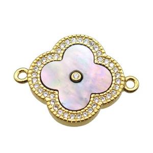 pink Queen shell clover connector with copper pave zircon, gold plated, approx 18mm dia [GM13911]