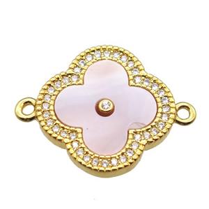 pink Queen shell clover connector with copper pave zircon, gold plated, approx 18mm dia [GM13912]
