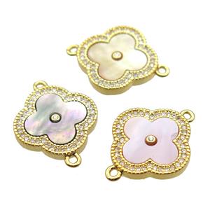 mixed shell clover connector with copper pave zircon, gold plated, approx 18mm dia [GM13913]