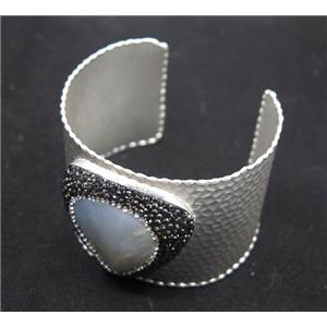 white pearl shell pave rhinestone, silver alloy cuff bracelet, approx 50mm wide, 65mm dia [GMBR101]