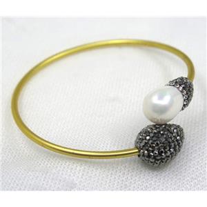 white pearl shell pave rhinestone, gold copper cuff bangle, approx 65mm dia [GMBR123]